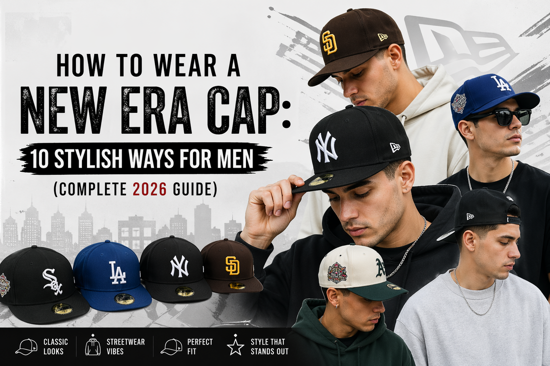 Men styling New Era fitted caps in different ways, showing streetwear outfits and 10 stylish cap looks for a modern 2026 fashion guide