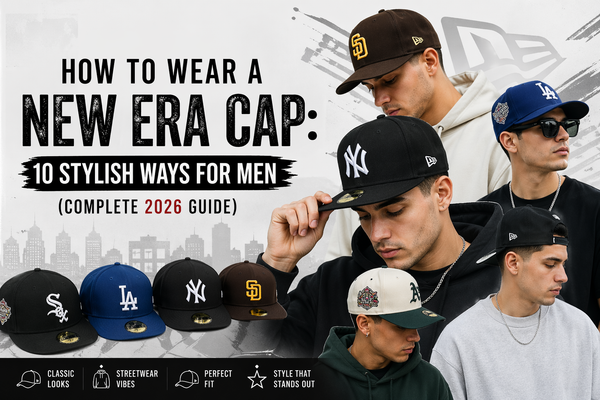 Men styling New Era fitted caps in different ways, showing streetwear outfits and 10 stylish cap looks for a modern 2026 fashion guide