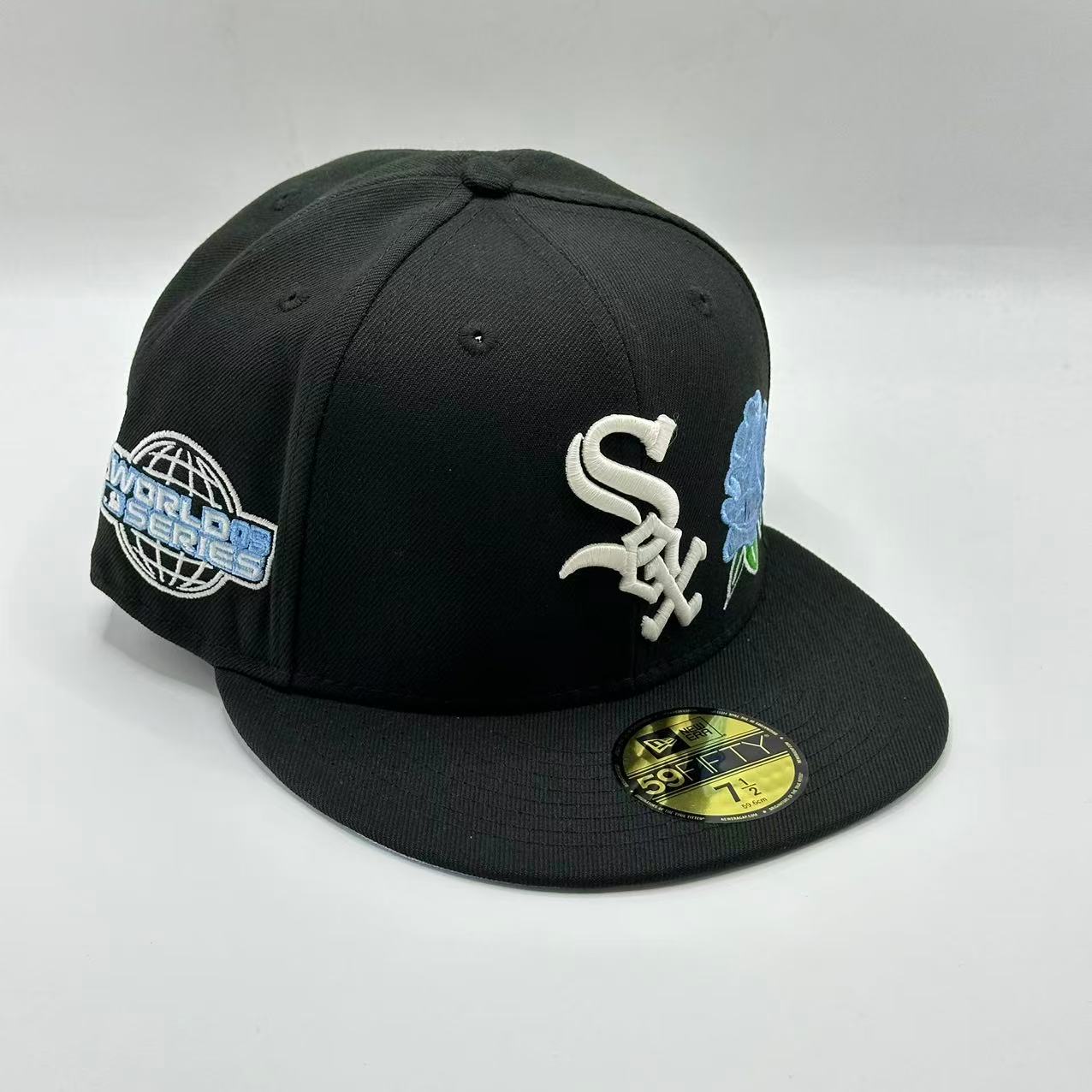 Black Blue Chicago White Sox 2005 World Series Rose Fitted Hat Cap