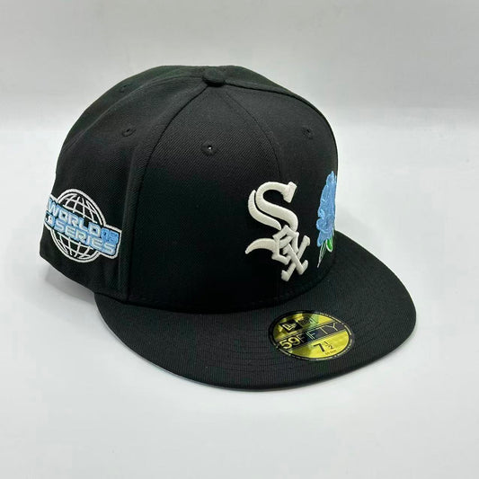 Black Blue Chicago White Sox 2005 World Series Rose Fitted Hat Cap