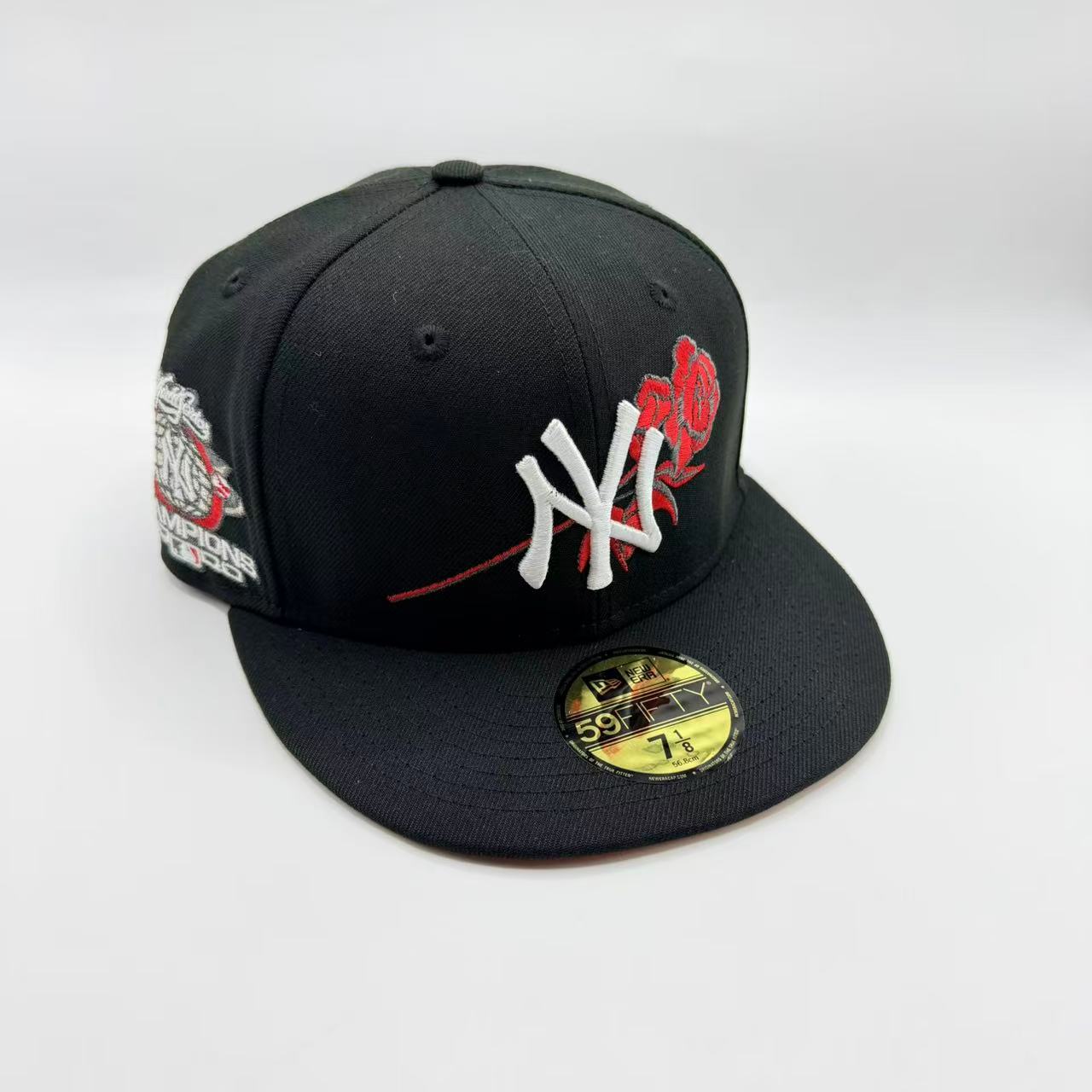 Black Red Flower New York Yankees 2000 World Series Champions Fitted Hat Cap