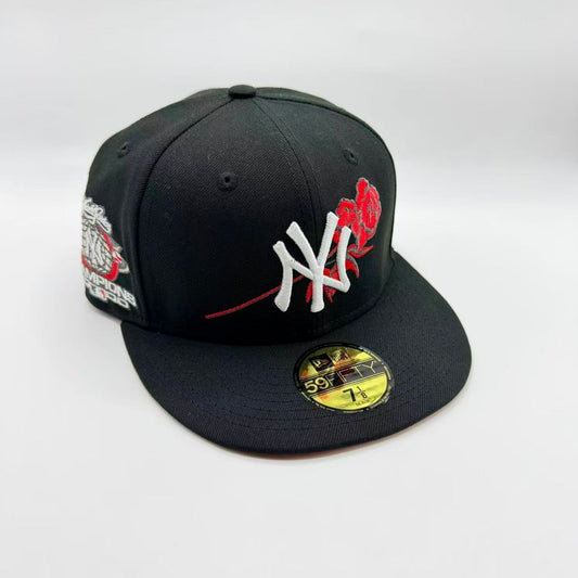 Black Red Flower New York Yankees 2000 World Series Champions Fitted Hat Cap