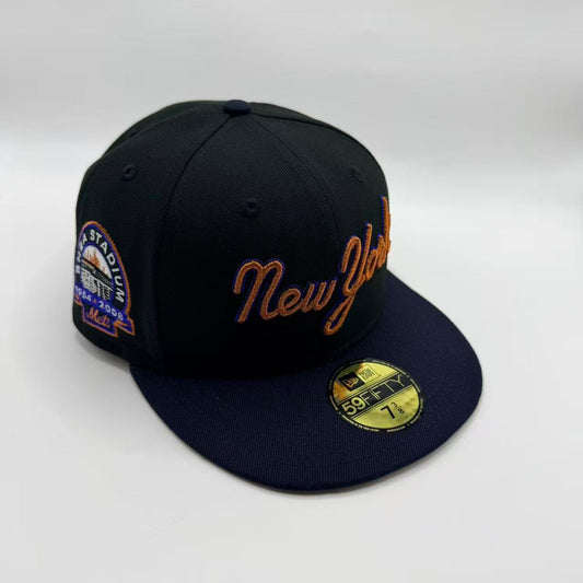 Black Navy New York Mets Shea Stadium Patch Script Fitted Hat Cap